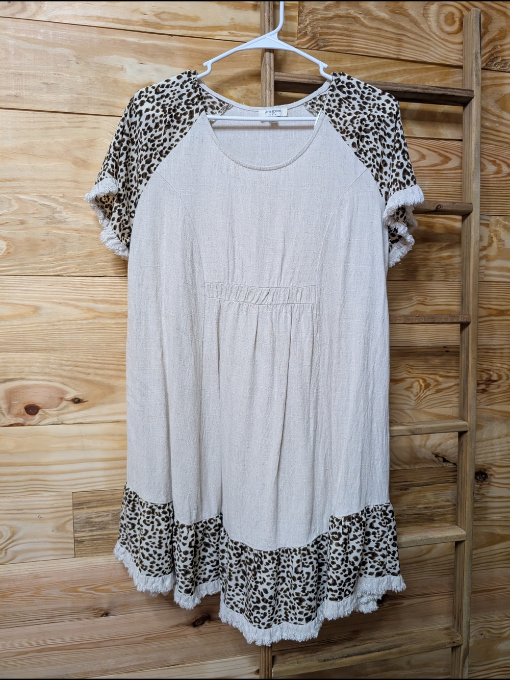 Umgee Cream Midi Dress with Leopard Print Trim